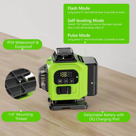 16 Line 360 Self Leveling Green Laser Level With Tripod Kit, 4D Cross Line Beams, showing waterproof body and control panel