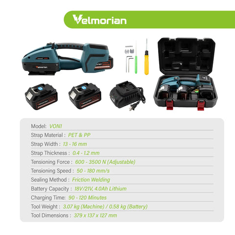 Heavy Duty Electric Strapping Gun With Digital Readout And Dual 4000mAh Batteries Portable Automatic Bander showing included tools and batteries.