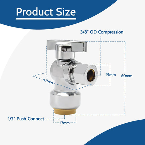 10 Pack Push Fit Angle Stop Valve Set 1/2 Inch Push-Fit To 3/8 Inch Compression Shut Off Water Valves with size dimensions