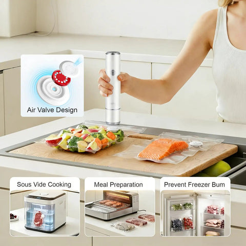 Compact Food Vacuum Sealer With 60KPa Power, Rechargeable Handheld Kitchen Saver used to seal fresh meat and veggies in bags.