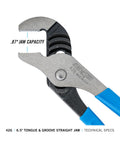 Tongue And Groove Pliers 426 Straight Jaw 0.87 Inch Jaw Heat Treated Teeth 6.5 Inch Length Made In USA with blue grips