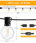 Outdoor String Lights 55 Ft Shatterproof LED Patio Lights With 26 Dimmable G40 Bulbs 2200K Waterproof IP65 diagram and details