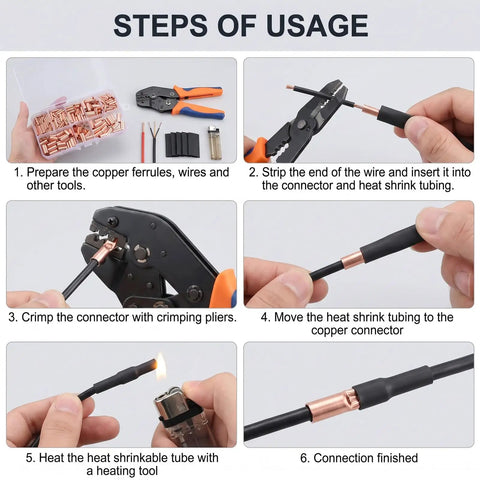 Steps to use Copper Wire Ferrules Kit With 7 Sizes For AWG 4 To 14 Non Insulated Bare Crimp Connectors Pure Copper Tube Ends