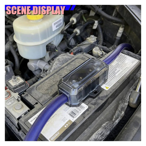 Heavy Duty Inline Anl Fuse Holder With 200 Amp Fuses For One Zero Or Four Gauge Awg Car Audio Wiring showing installation over car battery.