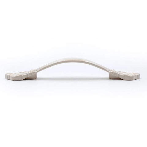 Side view of an Ivory White Cabinet Hardware Pull from 5 Pack, 3 Inch Hole Centers, 5 Inch Overall Length, Zinc Alloy, Subtle Yellow Tint.