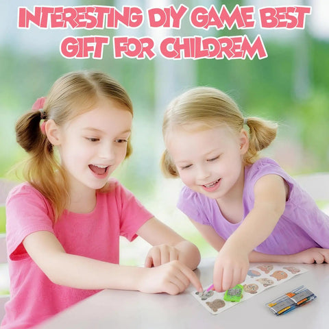 Two children using Easy Diamond Art Kit With Tools For Beginners, creating animal stickers with numbered diamonds on a table.