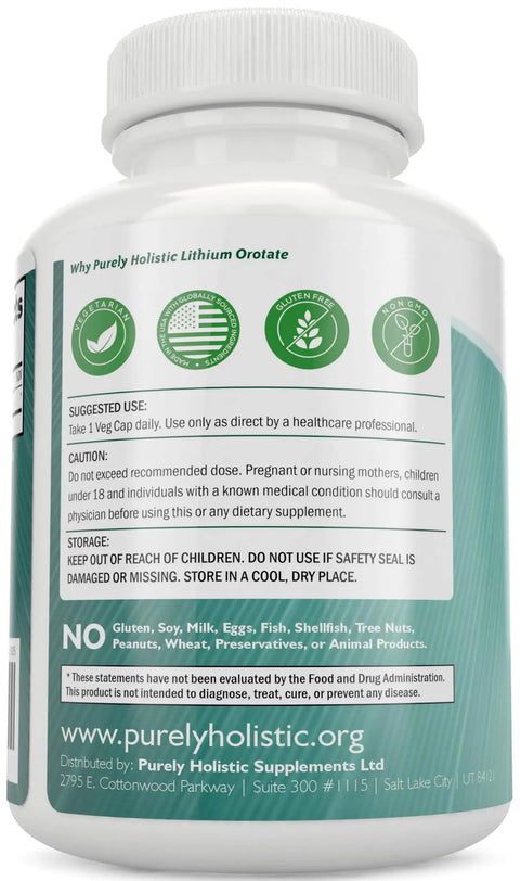 Back label of Lithium Orotate 5mg Capsules 180 Count Vegetarian Mood Support Memory Behavior Wellness Boost bottle