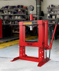 10 Ton Hydraulic Shop Press With Pressure Gauge And Press Plates, H Frame Benchtop Design in a garage setting