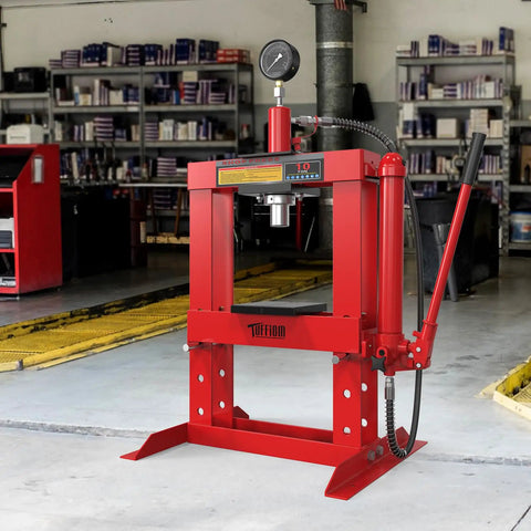10 Ton Hydraulic Shop Press With Pressure Gauge And Press Plates, H Frame Benchtop Design in a garage setting
