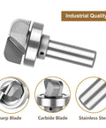 Bowl And Tray Template Router Bit With Heavy Duty Bearing Guide Half Inch Shank And One Quarter Inch Radius Drop Dead Durable Industrial Carbide Build Guarantees Smooth Clean Cuts For Cnc Woodworking Tools close-up of carbide blade and stainless steel shank.