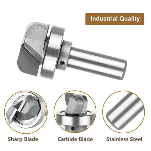 Bowl And Tray Template Router Bit With Heavy Duty Bearing Guide Half Inch Shank And One Quarter Inch Radius Drop Dead Durable Industrial Carbide Build Guarantees Smooth Clean Cuts For Cnc Woodworking Tools close-up of carbide blade and stainless steel shank.