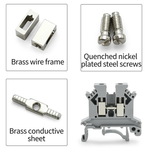 Components of UK-2.5B Din Rail Wire Terminal Block 100Pcs showing steel screws and brass sheet for 12-22 AWG cables.