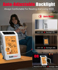 Woman reading with Wireless Weather Station With Dual Zone Indoor Outdoor Monitor For Home And Kids Room 100m Range Temp Humidity Barometric Trend Visualization Auto Backlight Easy Setup White And Orange on table
