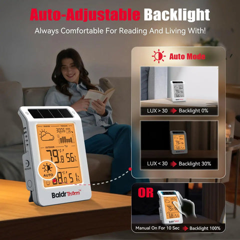 Woman reading with Wireless Weather Station With Dual Zone Indoor Outdoor Monitor For Home And Kids Room 100m Range Temp Humidity Barometric Trend Visualization Auto Backlight Easy Setup White And Orange on table