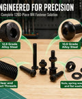 1260 Piece M4 Screws Kit With Hex Socket Button Head And Cap Head Bolts 6 To 40mm 12 9 Grade Carbon Steel Black Oxide Metric Fasteners Packed With Nuts Flat Washers Lock Washers And Two Hex Wrenches showing assorted black screws, nuts, and washers