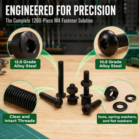 1260 Piece M4 Screws Kit With Hex Socket Button Head And Cap Head Bolts 6 To 40mm 12 9 Grade Carbon Steel Black Oxide Metric Fasteners Packed With Nuts Flat Washers Lock Washers And Two Hex Wrenches showing assorted black screws, nuts, and washers