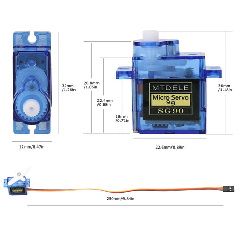 Must-Have Servo Motor Tester Kit For Micro Servos And SG90 9g With dimensions and connector cable shown