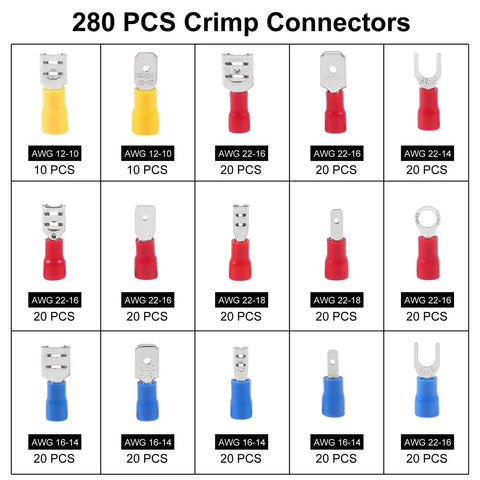 Must Have 280 Piece Crimp Connector Kit With 15 Insulated Terminal Types displayed in grid format