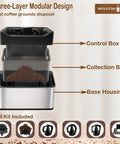 Automatic Electric Espresso Portafilter Cleaner With Triple Scrapers And Rotary Brush For Quick Puck Dumping, three-layer modular design layout showing components.