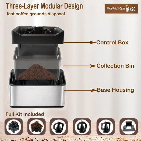 Automatic Electric Espresso Portafilter Cleaner With Triple Scrapers And Rotary Brush For Quick Puck Dumping, three-layer modular design layout showing components.