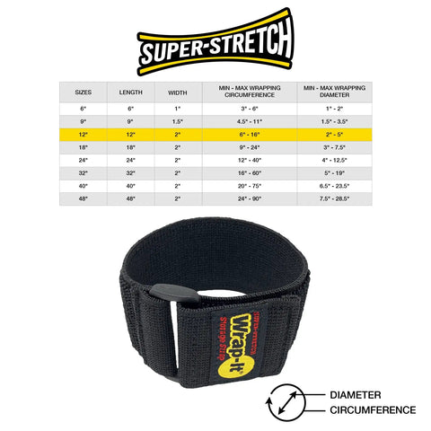 Stretchy Elastic Cinch Straps For Quick Organization 12 Inch Wrap It Storage Straps Pack Of 8 With Hook And Loop Fasteners To Tidy Cords Hoses Rope And More For A Neat No Mess Setup shown with size chart and strap detail