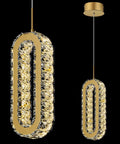 Gold Modern Crystal Pendant Light For Kitchen Island And Dining Room, two-circle chandelier with warm LED glow, oval crystals