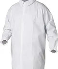 Disposable Lab Coat For Liquid And Particle Protection Knee Length Five Snap Closure Elastic Wrists White Size XL Microporous Film