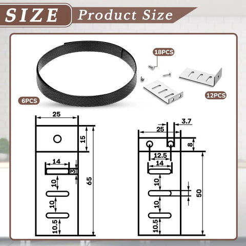 Straight Shooter Drawer Repair Kit With Six Heavy Duty Support Brackets And Commercial Screws To Solidify Loose Drawers And Upgrade Cabinetry Right Away product size and components diagram.