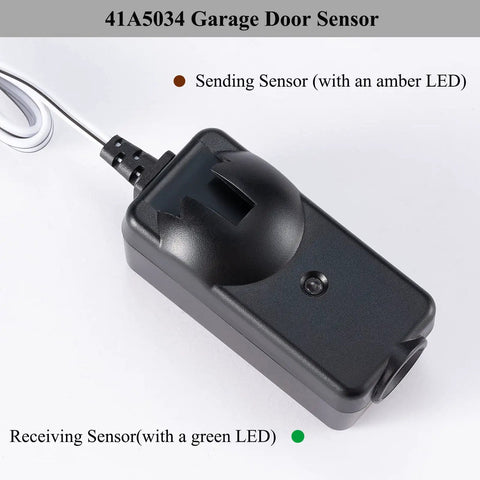 Close-up of black 41A5034 sending sensor with amber LED for Garage Safety Sensor Kit For 1997 To Current Garage Door Openers With Safety Sensors Includes Two Sensors For Receiving And Sending Replacement G801CBP Compatible With LiftMaster Sears Chamberlain Craftsman Openers No Hassle Install Plug And Play