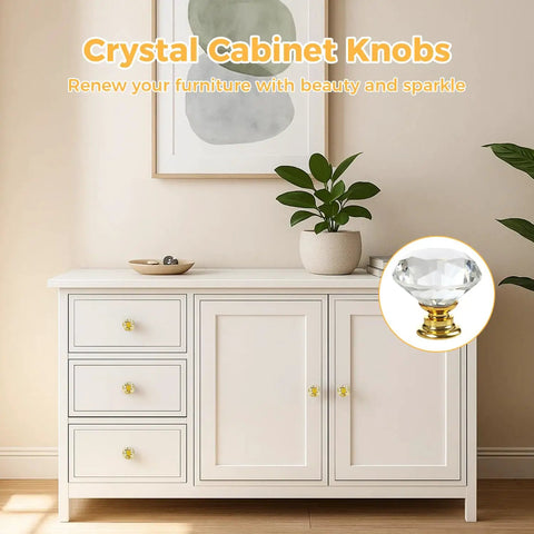 Crystal Cabinet Knobs 30mm Diamond Drawer Pulls Set Of 26 With Gold Base shown on white cabinet in modern kitchen