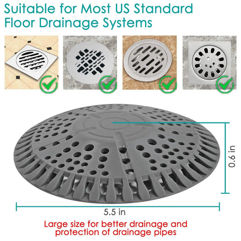 Heavy Duty 5.5 Inch Shower Drain Hair Catcher 2 Pack Premium Strainer shown measuring 5.5 inches, gray silicone for floor drains.