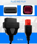 6 Pin OBD2 To 16 Pin Diagnostic Cable For Euro5 And Euro6 Motorcycles, 33cm Long, close-up of connectors.