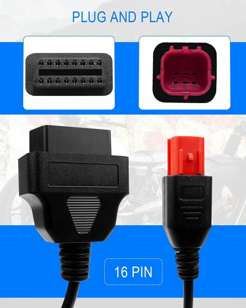 6 Pin OBD2 To 16 Pin Diagnostic Cable For Euro5 And Euro6 Motorcycles, 33cm Long, close-up of connectors.