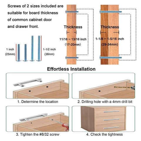 Installation guide for Solid Zinc Alloy Cabinet Pull Handle In Oil Rubbed Bronze, 7 Inch Overall Length, showing screw sizes and drawer steps.
