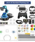 LewanSoul xArm AI Standard Kit robotic arm with blue modular joints, controller and cables, packing-list layout