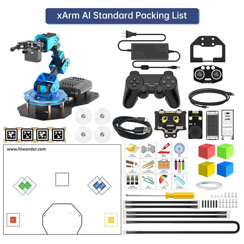 LewanSoul xArm AI Standard Kit robotic arm with blue modular joints, controller and cables, packing-list layout
