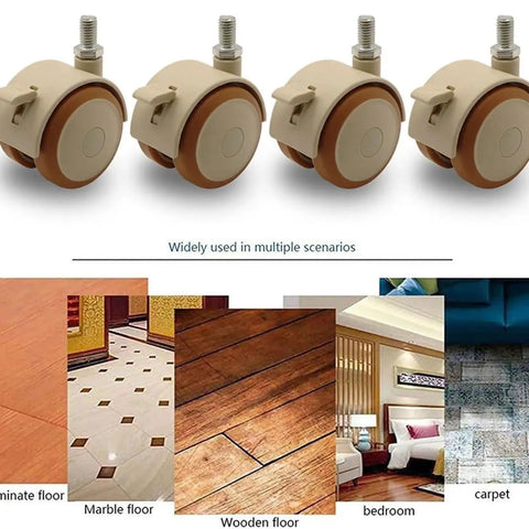 Smooth As Butter Rubber Casters With Brakes 4 Pack Threaded Stem on various floor types like wood and carpet.