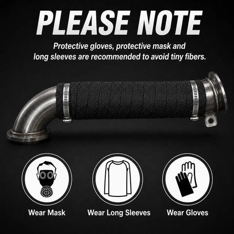 Dope Heavy Duty Exhaust Heat Wrap Kit 2x16 Ft For Motorcycle Or Car, black fiberglass wrap on exhaust pipe with safety icons.