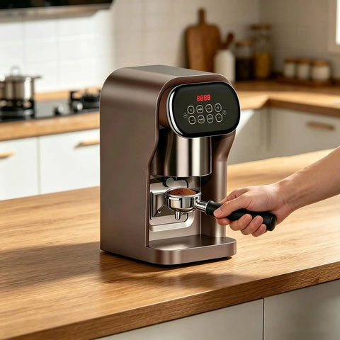 Robust 58 Mm Electric Coffee Tamper providing spot on ten to thirty kilogram pressure and adjusted timing sequences in bronze.