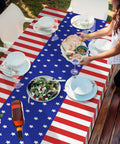 Patriotic Tablecloth Set Two Pack 54 By 108 Inch Disposable All American Flag Table Covers For Fourth Of July dining setup.