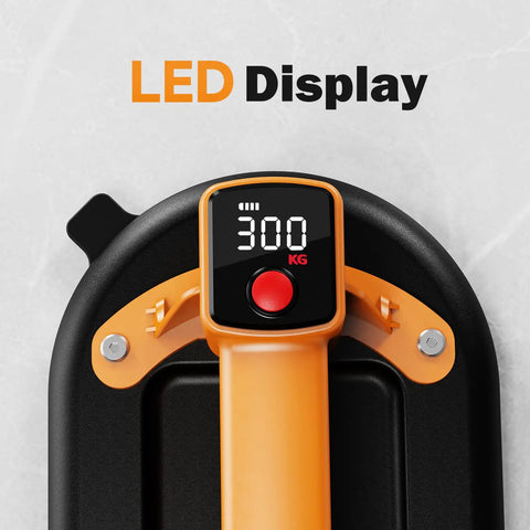 TorqTac 10 Inch Electric Vacuum Suction Cup Lifter With 662 Lbs Heavy Duty Load Capacity showing LED display and weight indicator.