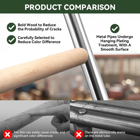 Product comparison highlighting wood stability and metal treatment for Four Tier Chicken Roosting Perch For Backyard Poultry No Fuss Easy To Assemble Elevated Roosting Bars That Maximize Coop Space And Reduce Ground Crowding Easy To Clean Durable Farm Style Chicken Perch 56 Inches Long.