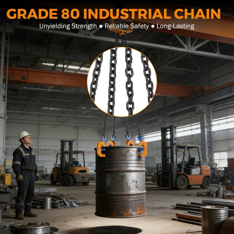 Front view of a drum lifter with four orange clamps and chains lifting a 55-gallon metal drum in a factory.