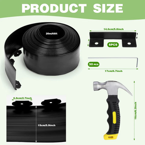 Product components of 6 Inch Tall Landscape Plastic Edging Kit With 66 Ft Length And Hammer Spikes For Easy Install Garden Border