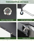 Detail view showing thermometer, anti-tip support bar, tool hooks, and bottle opener on Four Burner Propane Gas BBQ Grill With 40,000 BTU Power, Stainless Steel Build, 459 Sq In Cooking Surface, Foldable Side Tables, Spice Rack And Wheels For Easy Backyard Grilling And Family Cookouts.