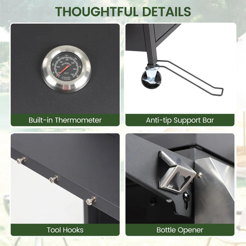 Detail view showing thermometer, anti-tip support bar, tool hooks, and bottle opener on Four Burner Propane Gas BBQ Grill With 40,000 BTU Power, Stainless Steel Build, 459 Sq In Cooking Surface, Foldable Side Tables, Spice Rack And Wheels For Easy Backyard Grilling And Family Cookouts.