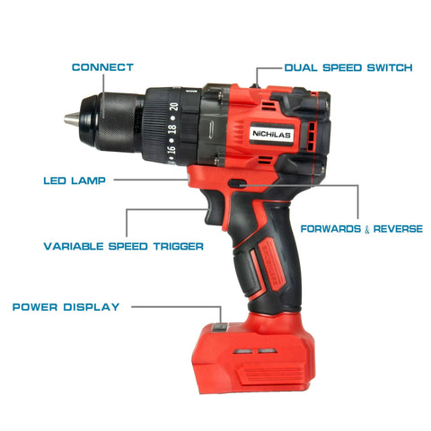 Cordless Drill Tool Only With One Half Inch Metal Self Lock Chuck, 150 Nm Max Torque, Two Speed Settings And Twenty Plus Three Clutch Positions