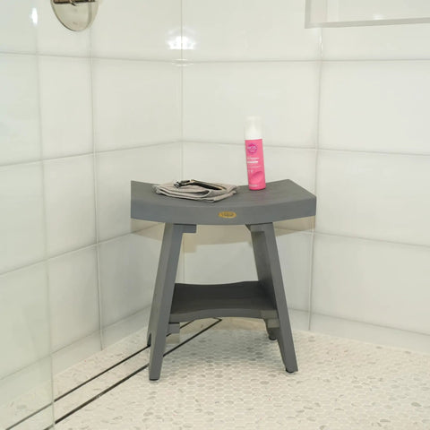 18 Inch Teak Shower Bench Stool Waterproof Non Slip With Full Length Shelf For Inside Shower Heavy Duty Safety Storage And Organization