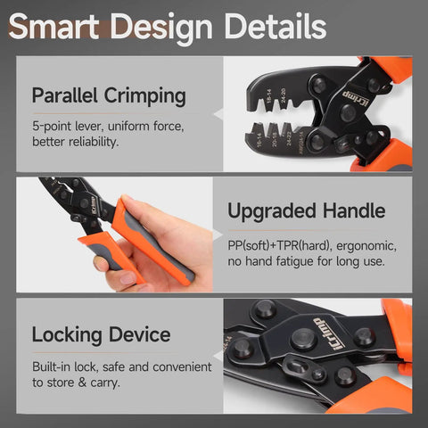 Open Barrel Terminal Crimp Tool Five Cavities For 24 To 14 AWG Non Insulated with ergonomic handle and locking device details
