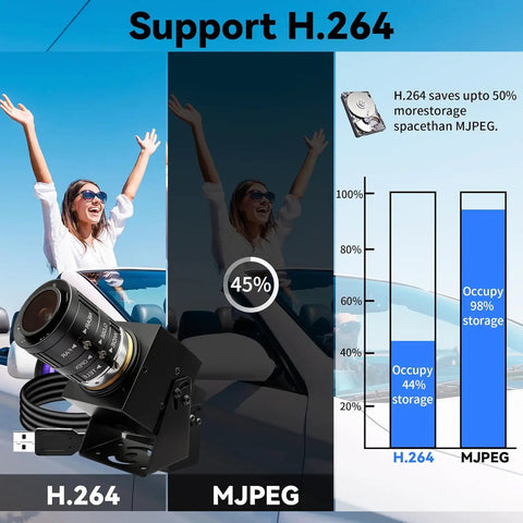 1080P USB Camera Starlight Low Light Webcam With Zoom Lens 3.6 To 10 Millimeter shows H.264 and MJPEG compression comparison